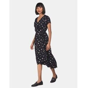 GAP Black Floral Midi Wrap Dress Short Crepe V-Neck Size XSmall